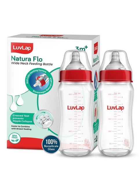 Natura Flo Wide Neck Glass Feeding Bottle New Born Infants Toddler Upto 3 Years Bpa Free Ergonomic Shape Is Easy To Hold With Anti Colic Nipple Pack Of 2 250Ml