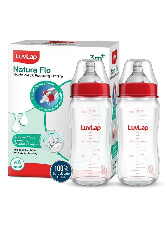 Luvlap - Natura Flo Wide Neck Glass Feeding Bottle New Born Infants Toddler Upto 3 Years Bpa Free Ergonomic Shape Is Easy To Hold With Anti Colic Nipple Pack Of 2 250Ml - Image 1