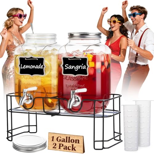 KIKCOIN 1 Gallon Glass Drink Dispensers for Parties 2 Pack Leakproof Beverage Dispenser with Stand 1810 Stainless Steel Spigot Filter for Lemonade Juice Sun Tea Punch ALL DISHWASHER SAFE - Image 1