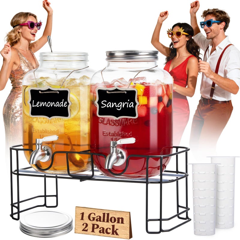 KIKCOIN 1 Gallon Glass Drink Dispensers for Parties 2 Pack Leakproof Beverage Dispenser with Stand 1810 Stainless Steel Spigot Filter for Lemonade Juice Sun Tea Punch ALL DISHWASHER SAFE - Image 2