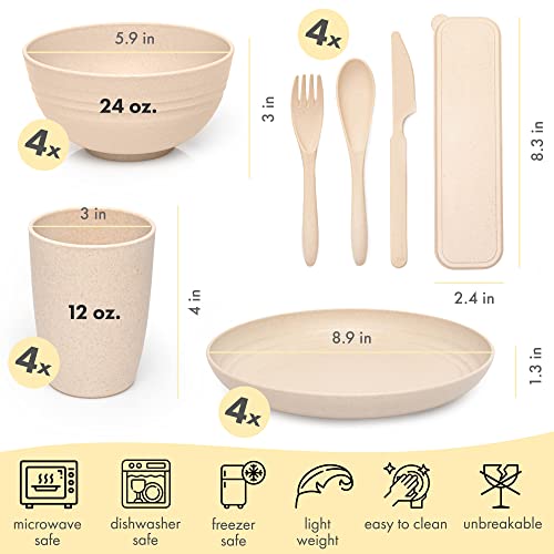 FOODLE Wheat Straw Dinnerware Set - BPA Free & Safety Tested - Unbreakable, Microwave & Dishwasher Safe Dishes - Picnic, RV, Dorm, Camping Plates Cups and Bowls - Great for Kids & Adults - For 4 - Image 2
