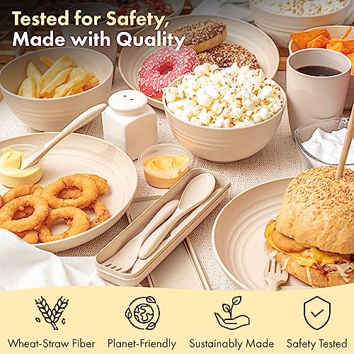 FOODLE Wheat Straw Dinnerware Set - BPA Free & Safety Tested - Unbreakable, Microwave & Dishwasher Safe Dishes - Picnic, RV, Dorm, Camping Plates Cups and Bowls - Great for Kids & Adults - For 4 - Image 3