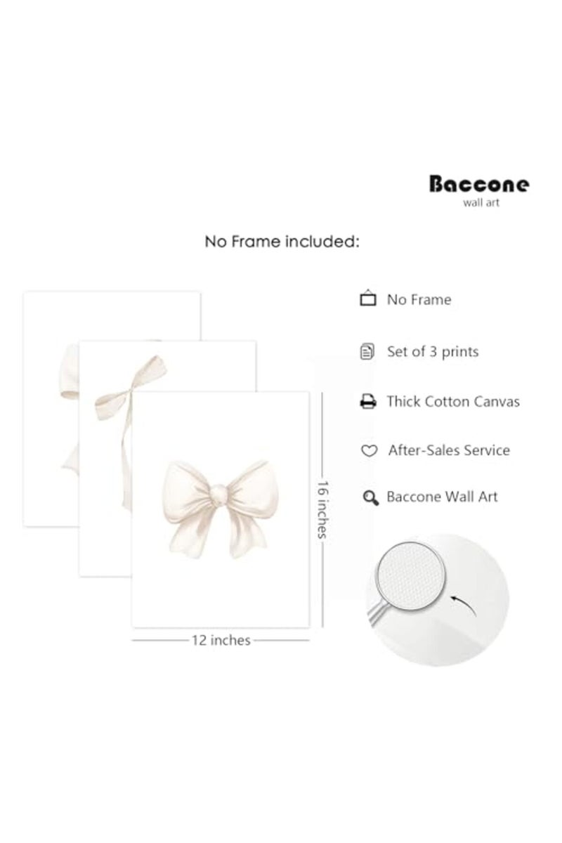 Baccone Preppy Bow Wall Art Decor Set of 3 Beige Coquette Wall Art Aesthetic Canvas Posters - Image 3