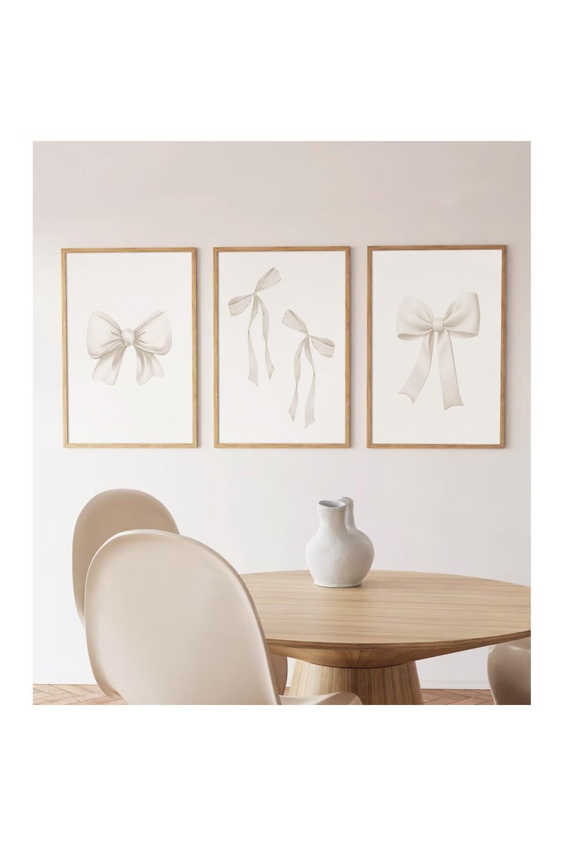 Baccone Preppy Bow Wall Art Decor Set of 3 Beige Coquette Wall Art Aesthetic Canvas Posters - Image 1
