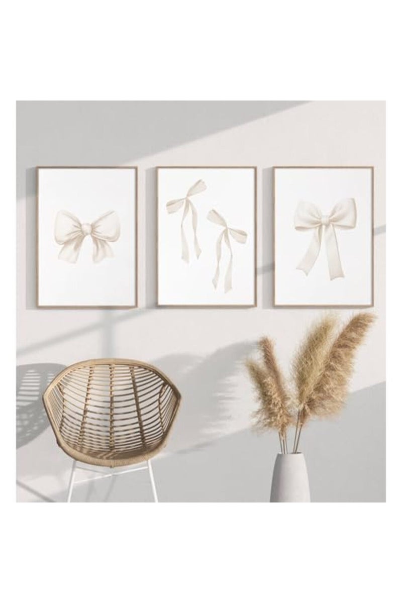 Baccone Preppy Bow Wall Art Decor Set of 3 Beige Coquette Wall Art Aesthetic Canvas Posters - Image 4