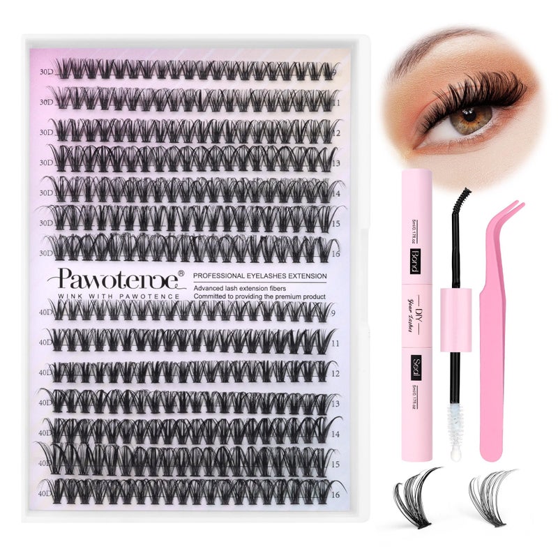 Pawotence Lash Extension Kit DIY 280pcs Lash Clusters Eyelash Extension Kit, 9-16mm 30D 40D Individual Lashes Kit with Lash Bond and Seal, Lash Tweezers for Self Use (30D&40D, 0.07D, 9-16mm, Kit) - Image 1