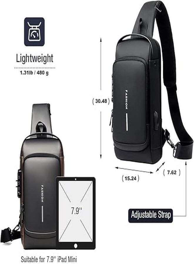 SHRBI Anti theft Sling Backpack with Lock,USB Charging Port and Waterproof PU Leather Chest Bag Travel Daily Use - Image 2