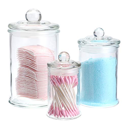 MDLUU Glass Canisters, Apothecary Jars with Airtight Lids, Bathroom Vanity Storage Organizer Containers for Qtip Cotton Swabs, Cotton Balls, Flossers, Bath Salt, Hair Tie, Set of 3 - Image 1