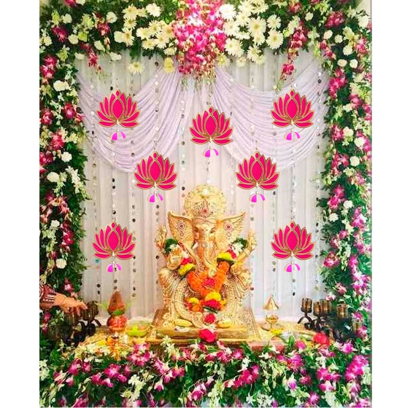 Lookool Lookool Wall Decor Lotus for Home Decor Diwali Navratri Puja Mandir Wedding Decoration Items Hanging for Ganesh Festival Pink Lotus Flower Hangings Pack of 8 Pcs  - Image 5