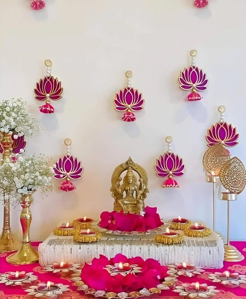 Lookool Lookool Wall Decor Lotus for Home Decor Diwali Navratri Puja Mandir Wedding Decoration Items Hanging for Ganesh Festival Pink Lotus Flower Hangings Pack of 8 Pcs  - Image 1