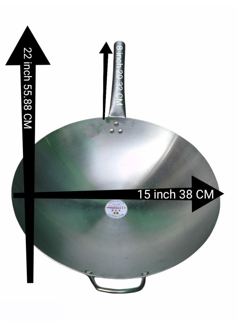 AS A S Stainless Steel Heavy Weight Shiny Finish Original Chinese Wokkadhai with Steel Duble Handle kadhaiHeavy WeightCooking Wok Best use in Home and Hotels 15 inch 38 CM  - Image 2