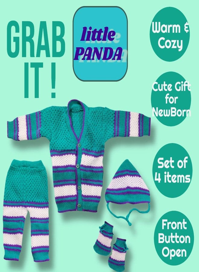 little PANDA Born Baby Sweater for Baby Boys & Baby Girls Woollen Full Sleeves, V Neck Sweater Top, Bottom, Cap & Booties Set (0-3 Months) (Green) - Image 2