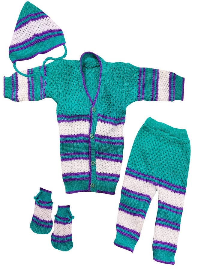 little PANDA Born Baby Sweater for Baby Boys & Baby Girls Woollen Full Sleeves, V Neck Sweater Top, Bottom, Cap & Booties Set (0-3 Months) (Green) - Image 1