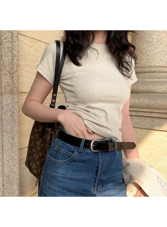 Song Feng Ya American-style White T-shirt Women's Shoulder Short-sleeved European-style New Slimming Round Neck Cotton Stacked Base Top 
