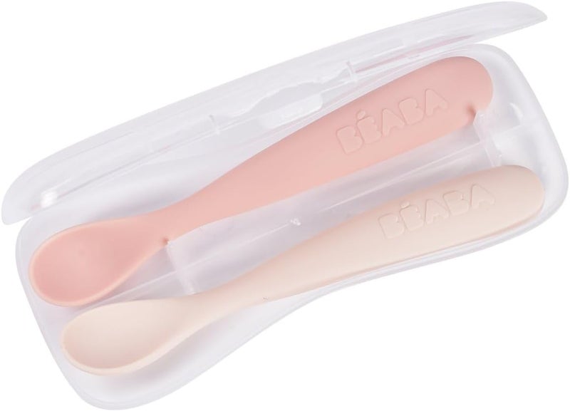 Baba BEABA Baby's First Stage Baby Feeding Spoon Set with Travel Case, Silicone Baby Spoons for Babies, Travel Set, Gum Friendly BPA Lead Phthalate and Plastic Free, Cotton Candy - Image 1