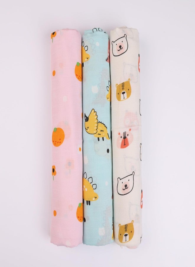 Just Bumm 100% Organic Cotton Muslin Swaddle for Newborn Babies - 98x98 cm, Soft, Breathable, Lightweight Swaddle Wraps for Babies Pack of 3 (Sweet Jamboree) - Image 1