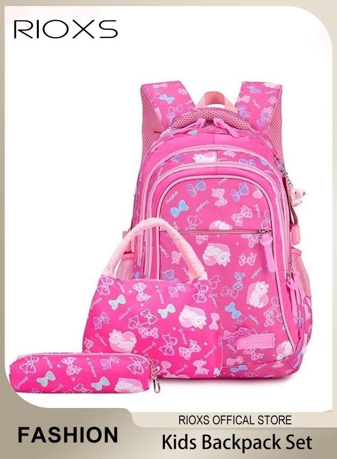ريوكس مجموعة حقائب مدرسية للأطفال من 3 قطع، حقيبة ظهر مدرسية مطبوعة خفيفة الوزن وسعة كبيرة مع مقلمة وحقيبة غداء، حقائب ظهر عصرية مقاومة للماء للفتيات الصغيرات، حقيبة مدرسية مبطنة للمدرسة الابتدائية، عطلة نهاية الأسبوع، ركوب الدراجات، التخييم، السفر، إلخ، مجموعات حقائب برباط أحمر وردي - Image 1