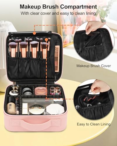 Relavel Travel Makeup Train Case Cosmetic Case Organizer Portable Artist Storage Bag with Adjustable Dividers for Cosmetics Makeup Brushes Toiletry Jewelry Digital Accessories (Pink) - Image 3
