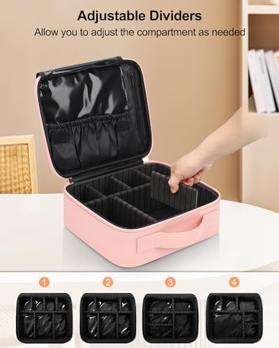 Relavel Travel Makeup Train Case Cosmetic Case Organizer Portable Artist Storage Bag with Adjustable Dividers for Cosmetics Makeup Brushes Toiletry Jewelry Digital Accessories (Pink) - Image 2