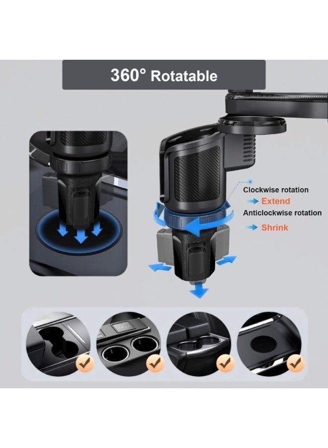 FETUSI Car Cup Holder Tray – 4-In-1 Adjustable Food Table with 360° Rotating Phone Holder, Extra Drink Slot & 4 Stable Expanding Base for Travel or Daily Use - Image 2