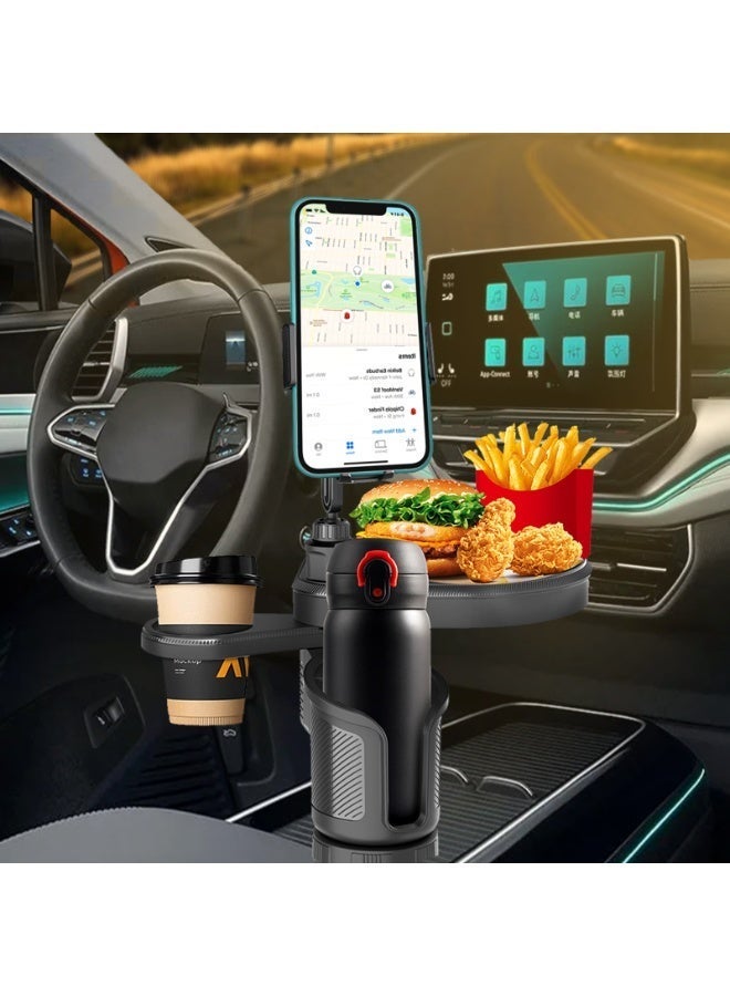 FETUSI Car Cup Holder Tray – 4-In-1 Adjustable Food Table with 360° Rotating Phone Holder, Extra Drink Slot & 4 Stable Expanding Base for Travel or Daily Use - Image 1