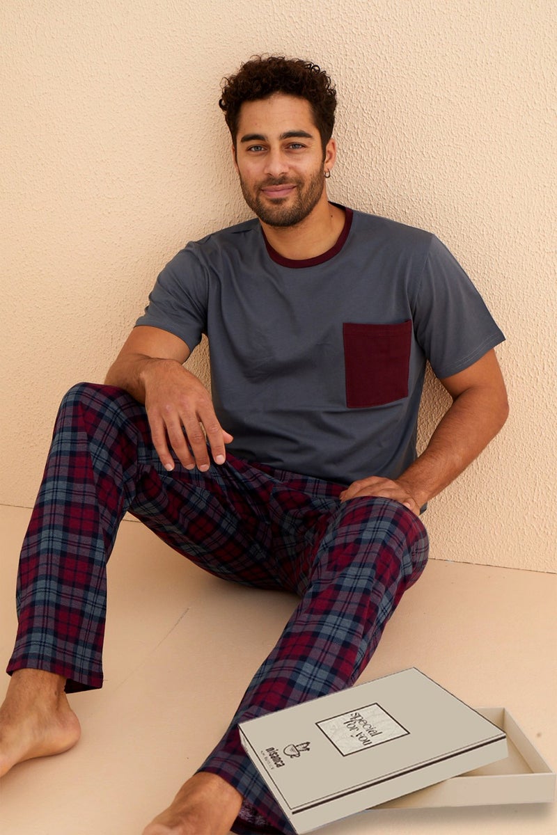 Nisanca Premium Cotton Short Sleeve Men's Pajama Set - Plaid Groom Pajama Set  - Image 1