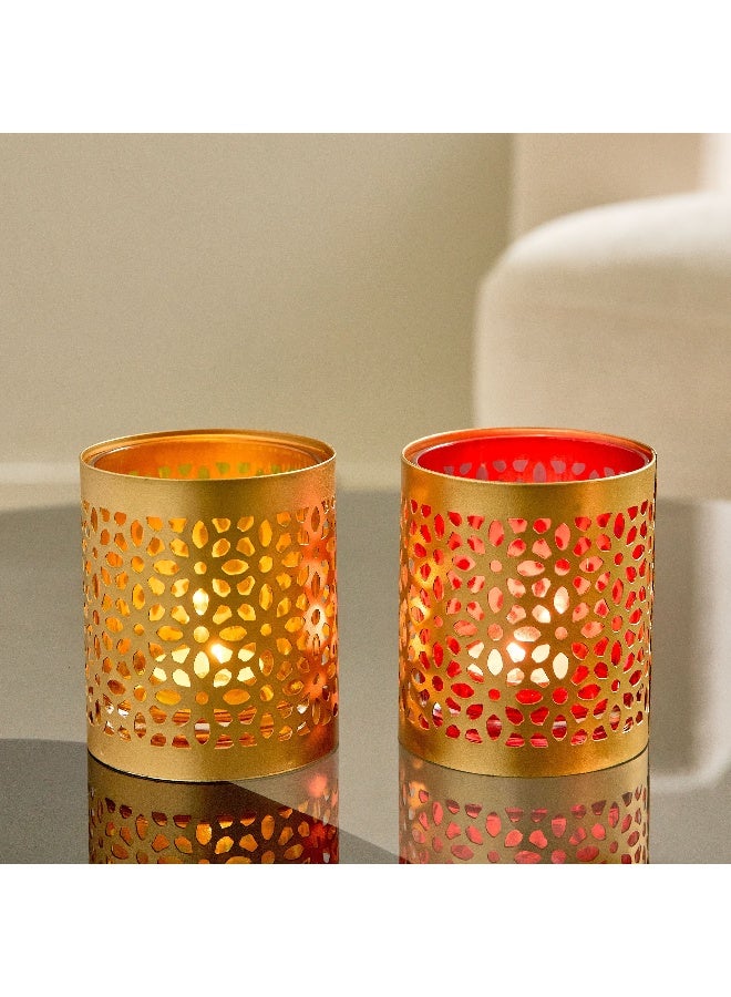Home Box Pema 2-Piece Te x tured Cutwork Votive Candleholder Set 7 x 7 x 9 cm - Image 1