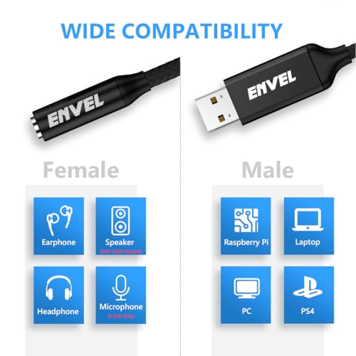 ENVEL Headset Adapter 3.5mm Female to USB Male, Built-in Chip External Stereo Sound Card,TRRS 4-Pole Mic-Supported USB to Headphone Adapter for PS4 Laptop PC - Image 3