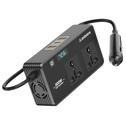 Ambrane 200W Car Power Inverter/Laptop Charger, Charge 5 Devices, 1 Type C 33W PD, 2 USB 22.5W QC, 2 AC Universal Outlets, Safe Charging Technology, For All 12V DC Socket Cars (SmartStrip Auto, Black) - Image 1
