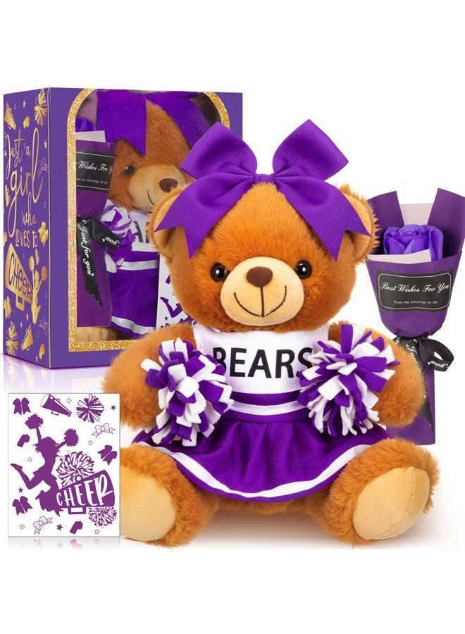 Arrowbash Cheerleading Gift Set Cute Cheerleader Bear with Artificial Flower Cheerleading Card and Box with Window Support Gift for Her Cheerleader Friends(Purple) - Image 1