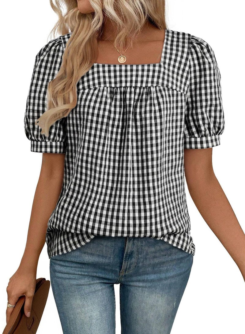 EVALESS Tops for Women Short Sleeve Tunic Blouse Dressy Casual Square Neck Gingham Tops Cotton Blend Plaid Shirt Cute Checkered Puff Sleeve Work Blouses 2026 Summer Vacation Outfits Black Medium - Image 1