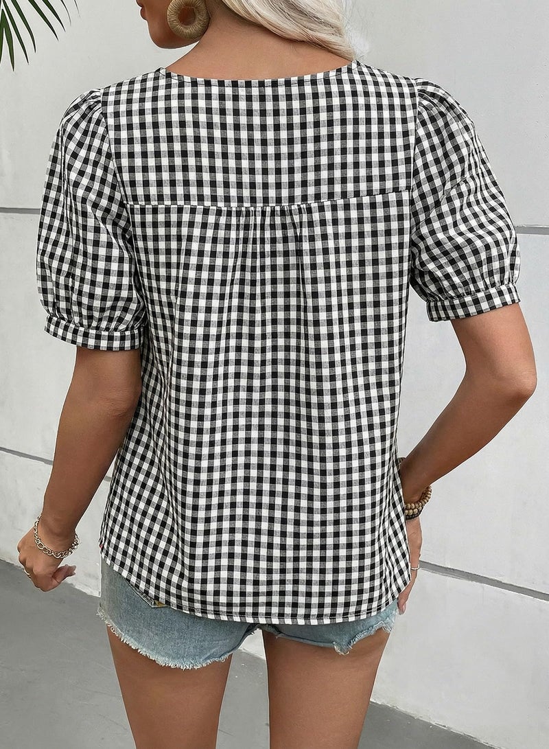 EVALESS Tops for Women Short Sleeve Tunic Blouse Dressy Casual Square Neck Gingham Tops Cotton Blend Plaid Shirt Cute Checkered Puff Sleeve Work Blouses 2026 Summer Vacation Outfits Black Medium - Image 3