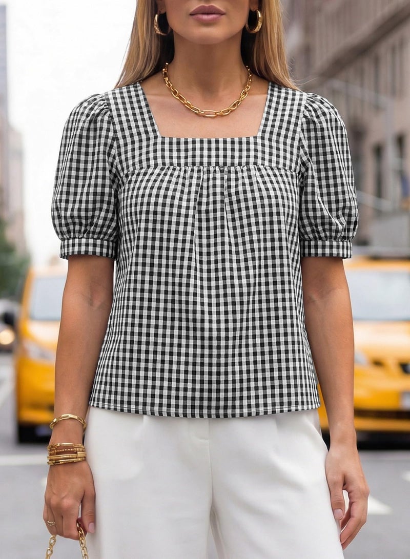 EVALESS Tops for Women Short Sleeve Tunic Blouse Dressy Casual Square Neck Gingham Tops Cotton Blend Plaid Shirt Cute Checkered Puff Sleeve Work Blouses 2026 Summer Vacation Outfits Black Medium - Image 5