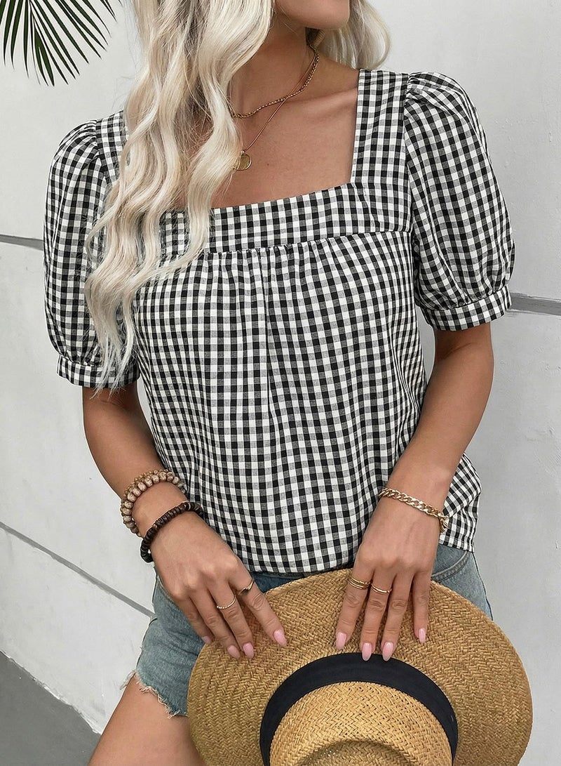 EVALESS Tops for Women Short Sleeve Tunic Blouse Dressy Casual Square Neck Gingham Tops Cotton Blend Plaid Shirt Cute Checkered Puff Sleeve Work Blouses 2026 Summer Vacation Outfits Black Medium - Image 2