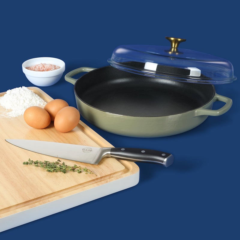 Sur La Table Kitchen Essentials Supper Club 3.75 Quart Enamel Cast Iron All In One Multi-Purpose Non-Toxic Nonstick Braiser Pan W/Borosilicate Glass Lid - Juniper Green - Image 3