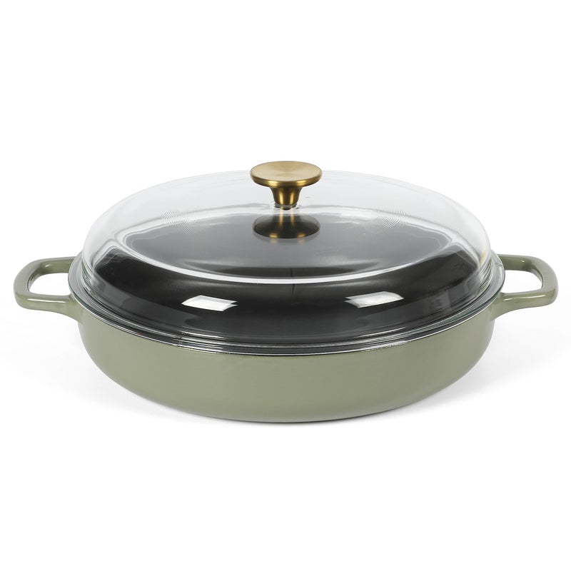Sur La Table Kitchen Essentials Supper Club 3.75 Quart Enamel Cast Iron All In One Multi-Purpose Non-Toxic Nonstick Braiser Pan W/Borosilicate Glass Lid - Juniper Green - Image 1