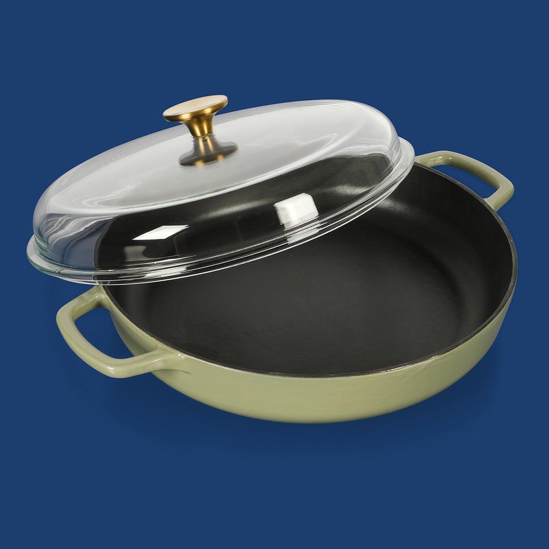 Sur La Table Kitchen Essentials Supper Club 3.75 Quart Enamel Cast Iron All In One Multi-Purpose Non-Toxic Nonstick Braiser Pan W/Borosilicate Glass Lid - Juniper Green - Image 2