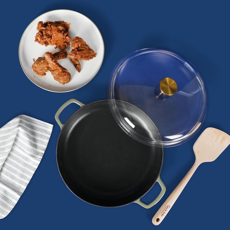 Sur La Table Kitchen Essentials Supper Club 3.75 Quart Enamel Cast Iron All In One Multi-Purpose Non-Toxic Nonstick Braiser Pan W/Borosilicate Glass Lid - Juniper Green - Image 4