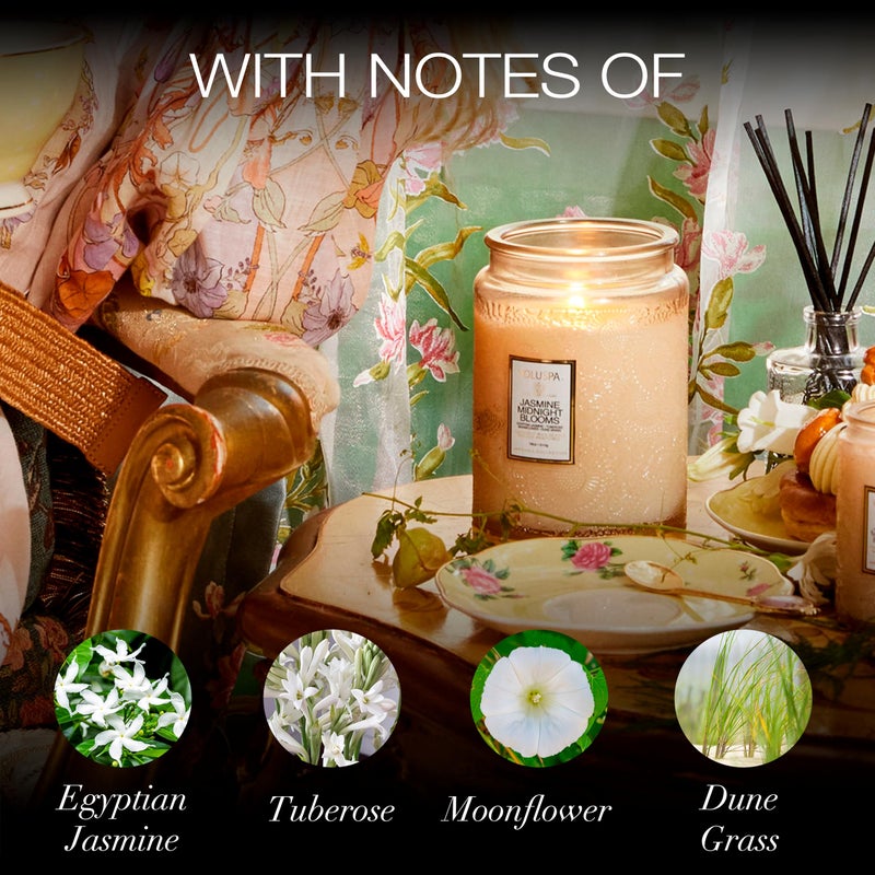 Voluspa Jasmine Midnight Blooms Candle, Large Glass Jar Candle, 18oz, Coconut Wax Blend, Scented Candles for Home, 100 Hour Burn Time, Handcrafted in The USA - Image 3