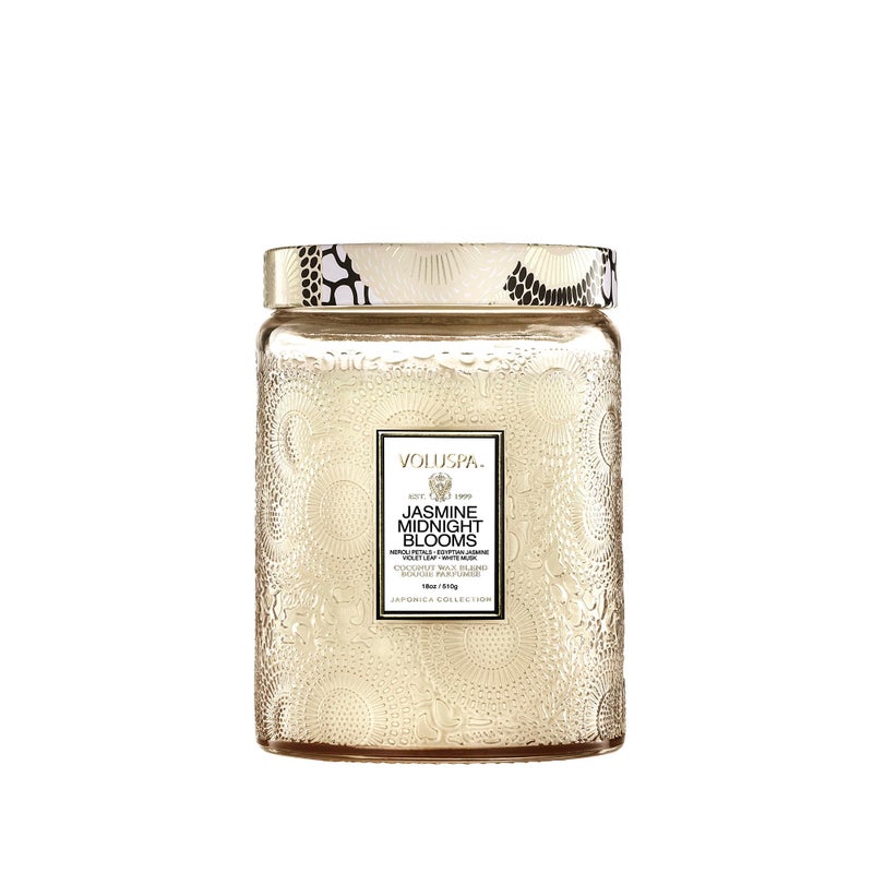 Voluspa Jasmine Midnight Blooms Candle, Large Glass Jar Candle, 18oz, Coconut Wax Blend, Scented Candles for Home, 100 Hour Burn Time, Handcrafted in The USA - Image 1