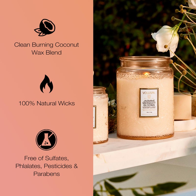 Voluspa Jasmine Midnight Blooms Candle, Large Glass Jar Candle, 18oz, Coconut Wax Blend, Scented Candles for Home, 100 Hour Burn Time, Handcrafted in The USA - Image 4