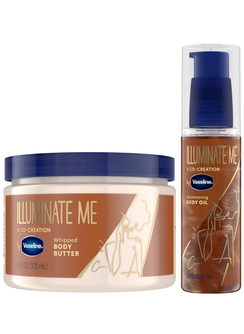Vaseline Illuminate Me Body Butter & Body Oil - Shimmering Body Bronzer, Hydrating Whipped Organic Shea Butter with 24-Hour Moisture for Melanin-Rich Skin, Radiant Body Glow Oil (2 Piece Set) - Image 1