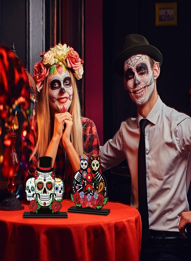 Yuntau 6 Pcs Day of The Dead Decorations Dia De Los Muertos Wooden Table Centerpiece Sugar Skull Dancing Ghost Skeleton Couple Cat Tabletop Signs for Day of The Dead Halloween Mexican Party Decor - Image 5