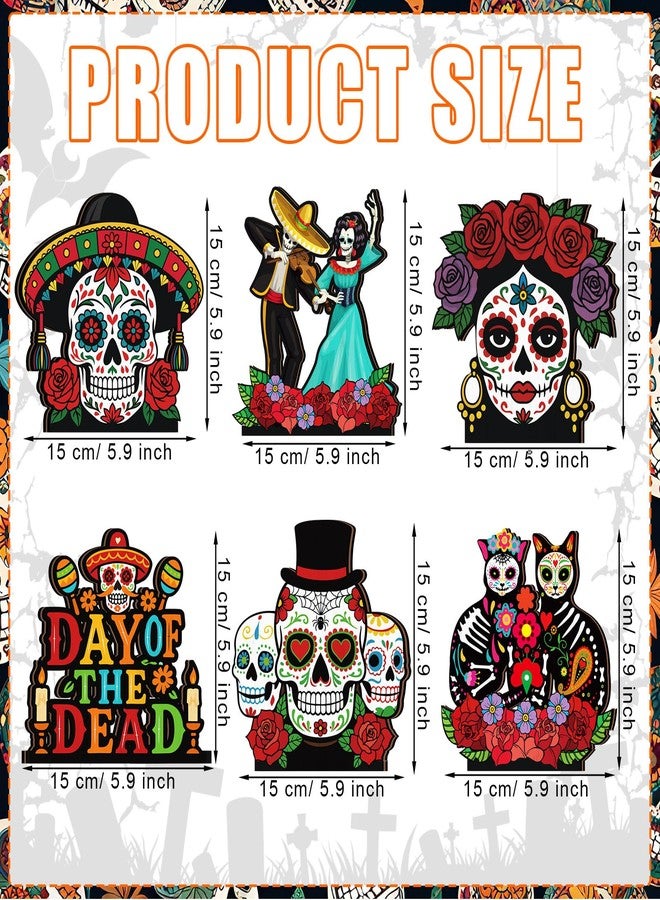 Yuntau 6 Pcs Day of The Dead Decorations Dia De Los Muertos Wooden Table Centerpiece Sugar Skull Dancing Ghost Skeleton Couple Cat Tabletop Signs for Day of The Dead Halloween Mexican Party Decor - Image 3
