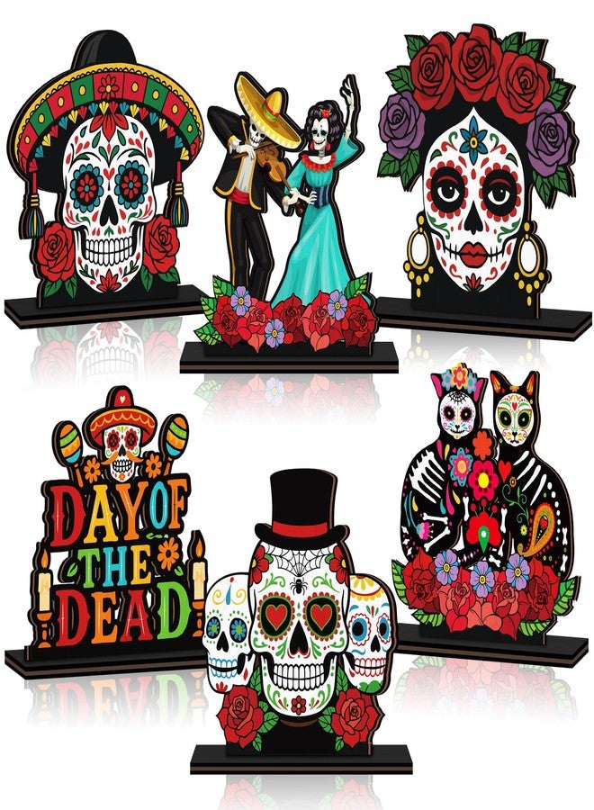Yuntau 6 Pcs Day of The Dead Decorations Dia De Los Muertos Wooden Table Centerpiece Sugar Skull Dancing Ghost Skeleton Couple Cat Tabletop Signs for Day of The Dead Halloween Mexican Party Decor - Image 1