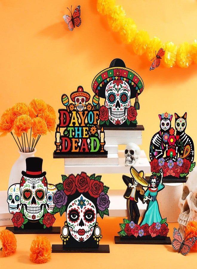 Yuntau 6 Pcs Day of The Dead Decorations Dia De Los Muertos Wooden Table Centerpiece Sugar Skull Dancing Ghost Skeleton Couple Cat Tabletop Signs for Day of The Dead Halloween Mexican Party Decor - Image 2