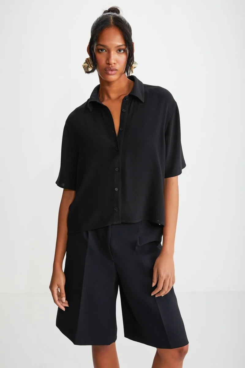 GRIMELANGE Carmına Women's Short Sleeve Buttoned Pocketless Black Shirt