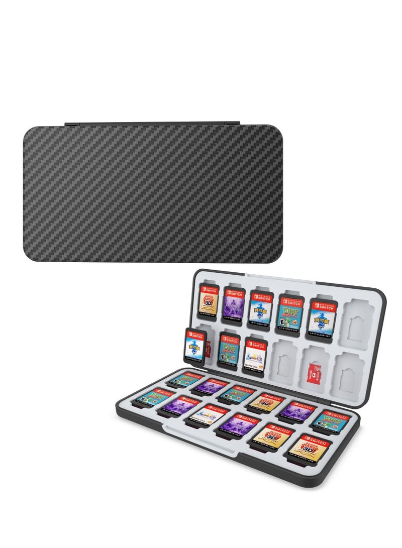 Excefore Game Card Case for Nintendo Switch OLED Game Card Micro SD Memory Cards with 24 Game Card Slots and 24 Micro SD Card Slots,Carbon Fibre Surface Shell Silicone Lining Portable Cartridge Storage Box - Image 1