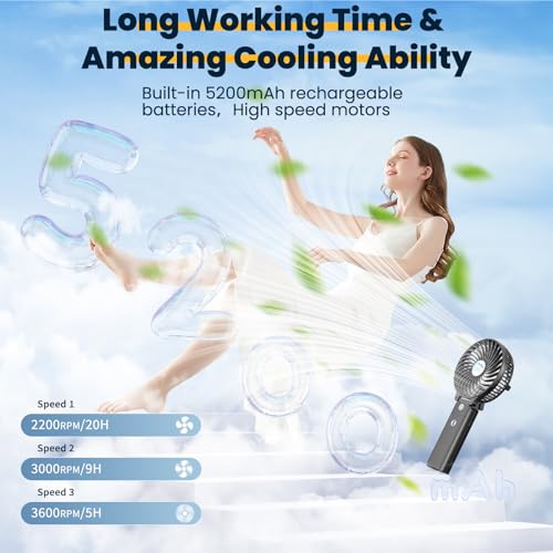 HandFan 5200mAh Portable Handheld Fan Personal Hand Held Fan USB Rechargeable 180 Foldable3 Speeds Strong Airflow Cooling Fan for TravelOutdoorsBeachConcertsDisneyGamesPicnicsPark Black - Image 3