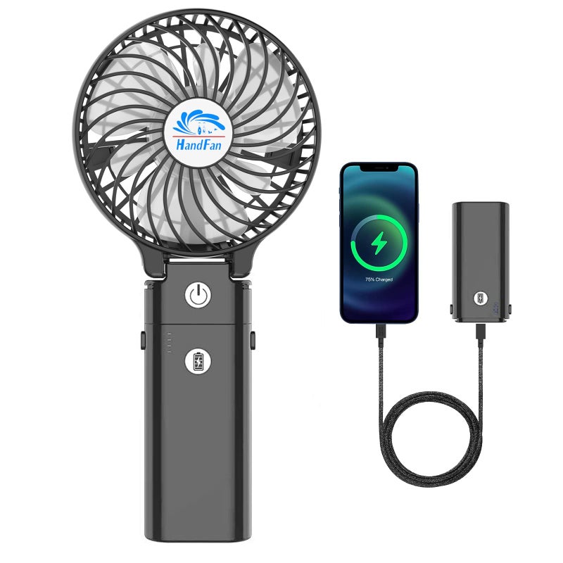 HandFan 5200mAh Portable Handheld Fan Personal Hand Held Fan USB Rechargeable 180 Foldable3 Speeds Strong Airflow Cooling Fan for TravelOutdoorsBeachConcertsDisneyGamesPicnicsPark Black - Image 2